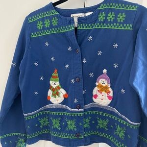 Michael Simon Lite Vibrant Blue Embroidered Christmas Snowmen cotton cardigan Sm